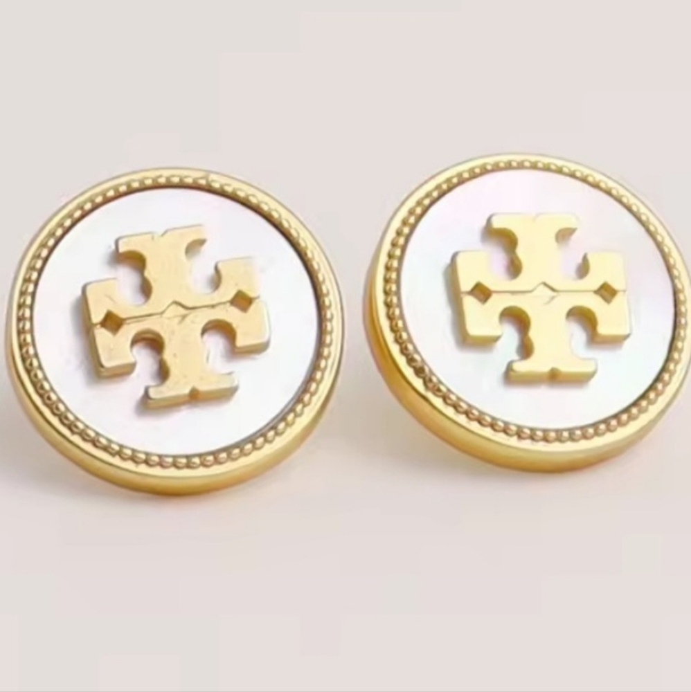 Tory Burch semiprecious ivory round button stud logo earrings - Picture 7 of 9